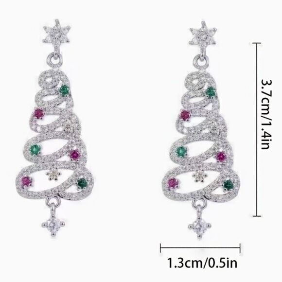 Festive Holiday Christmas Tree Rhinestone Silver Earrings - Picture 3 of 4